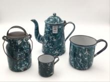 Lot of 4 Dark Green Graniteware Pieces