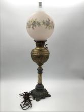Electrified Antique Banquet Lamp w/ Floral Paint