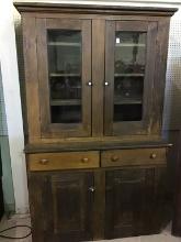 Lg. Primitive Glass Door One Piece Wood Cabinet