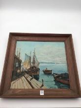 Framed Painting on Board of Fishing Boats