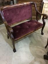 Antique Claw Foot Burgundy Upholstered Armed