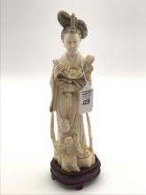 Chinese Carved Ivory Figure Lady on Wood Stand