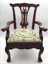 Child's Carved Arm Chair w/ Needlepoint Seat