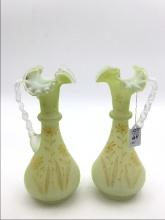 Pair of Lemon Lime Satin Glass Ewers w/ Enamel