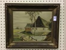 Framed-Signed Painting of Rustic House by Stream