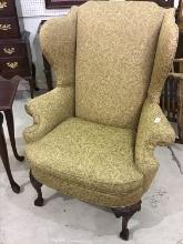 Lg. Gold Upholstered Wing Back Chair w Wood