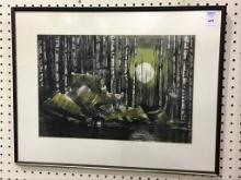 Framed Watercolor Abstract Forest Scene