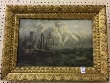 Ornate Framed Castle & Ship Painting on Board