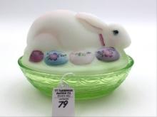 Fenton Rabbit Nesting on Vaseline Glass Bottom