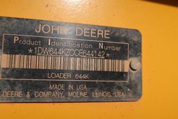 2012 John Deere Wheel Loader Model 644K, S/N 1DW644KZCCE644142, 96 in. Quick Release Forks (3220