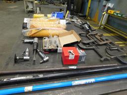 LOT: Contents of Table including Pneumatic Tools, Hose, Clamps, Pipe Benders, Pullers, etc.