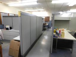 LOT: (8) Cubicle Work Stations, Assorted Chairs, File Cabinets & Monitors