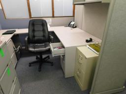 LOT: (8) Cubicle Work Stations, Assorted Chairs, File Cabinets & Monitors