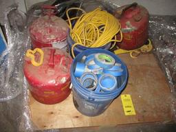 LOT: (3) 5 Gallon Gas Cans, (2) 5 Gallon Pales, Electrical Extension Cord on Pallet