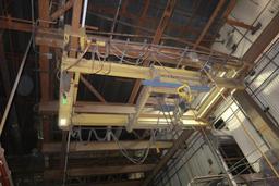 Mfr. Unknown 10 Ton x 16 ft. (est.) Span Double Girder Top Running Bridge Crane, with Budgit 1/2 Ton