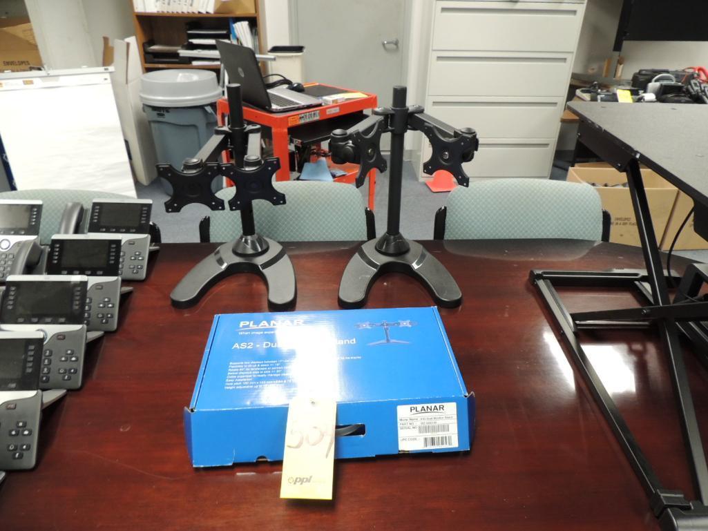 LOT: (3) Dual Monitor Stands, Adjustable Work Station