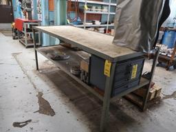 LOT: (1) 36 in. x 96 in. Steel Table (no contents), (3) Sections Adjustable Steel Shelving (no
