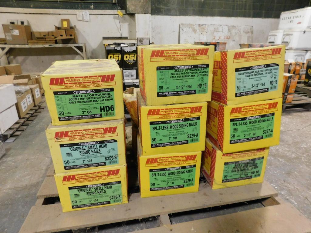 LOT: Assorted 750 lbs. of Maze Stormguard Siding Nails