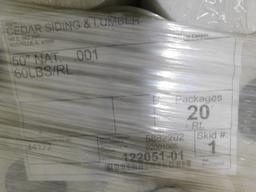 LOT: (2) Pallets Cedar Siding Lumber Wrap, (1) Pallet Plastic Wrap
