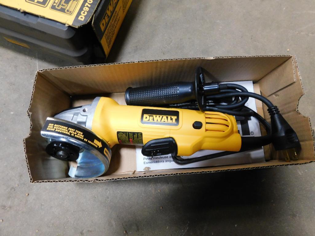LOT: Dewalt 4-1/2" Paddle Switch Small Angle Grinder (NEW), Dewalt 3/8" VSR Drill w/Metal Keyless