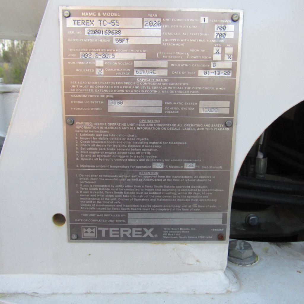 2020 Terex TC-55, 55' Rear Mounted 2-Man Bucket Aerial Boom, S/N 2200169688, Front & Rear A-Frame