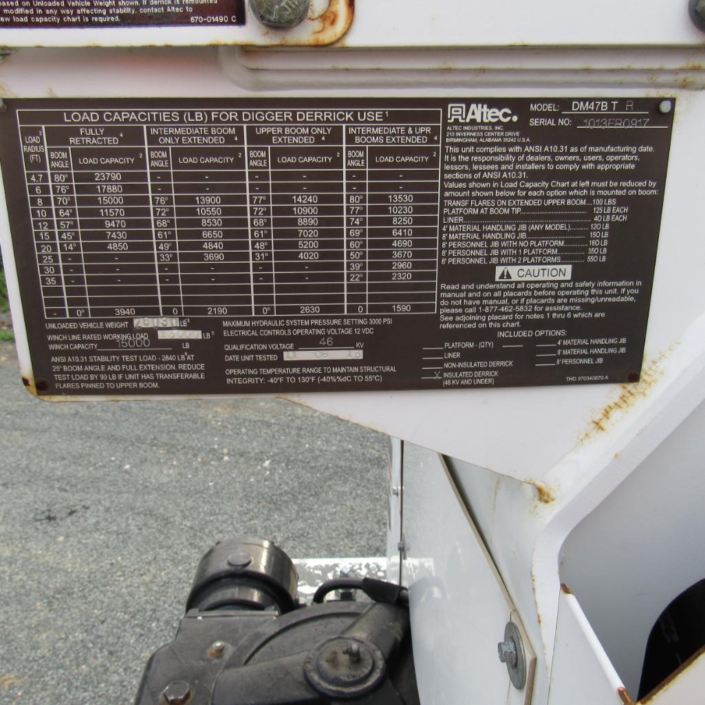 Altec DM47BTR Rear Mounted Digger Derrick, S/N 1013EB0917, 15,000 Lb. Winch, 18" Auger (2010),