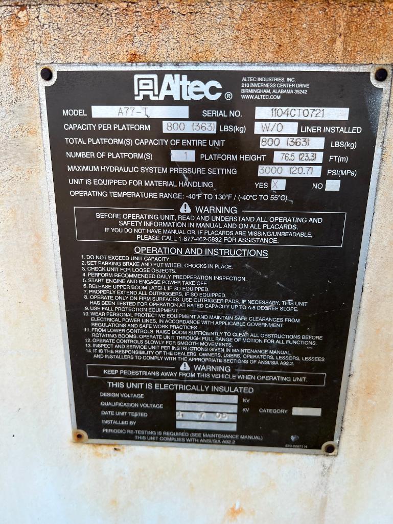 Altec A77-T 1-Man Bucket Aerial Boom, S/N: 1104CT0721, 800 Lb. Capacity, 76.5' Reach, Mounted on