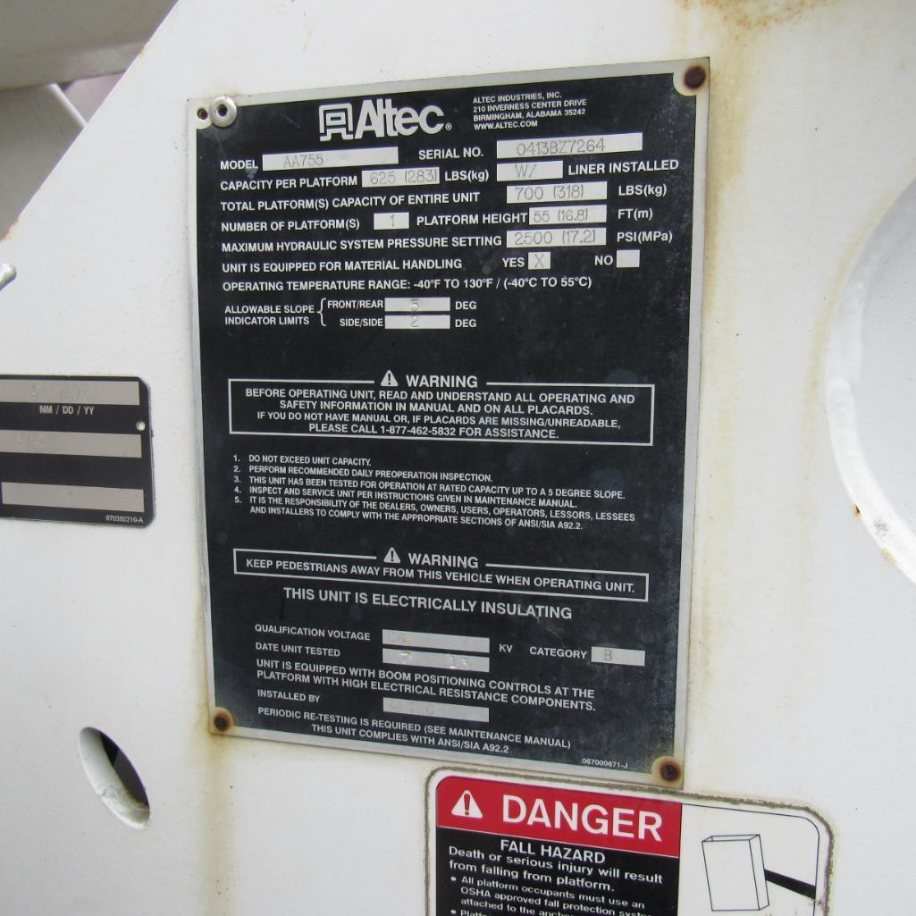 Altec AA755, 55' Rear Mounted 2-Man Bucket Aerial Boom, S/N 0413BZ7264, Front & Rear A-Frame