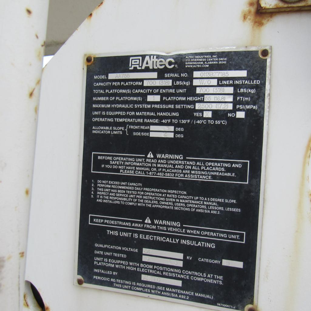 Altec AA755, 55' Rear Mounted 2-Man Bucket Aerial Boom, S/N 0113BZ7185, Front & Rear A-Frame