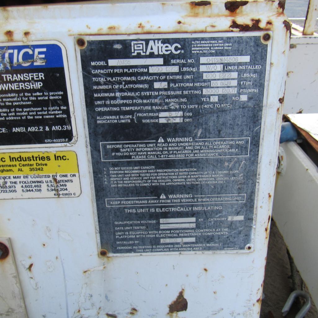 Altec AM55, 55' Rear Mounted 2-Man Bucket Aerial Boom, S/N 0413DM4506, Front & Rear A-Frame