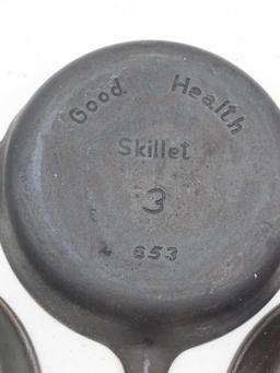 Good Health 3 Skillet 653 & 2 Cracker Barrel Old Country Store Cast Iron Skillets