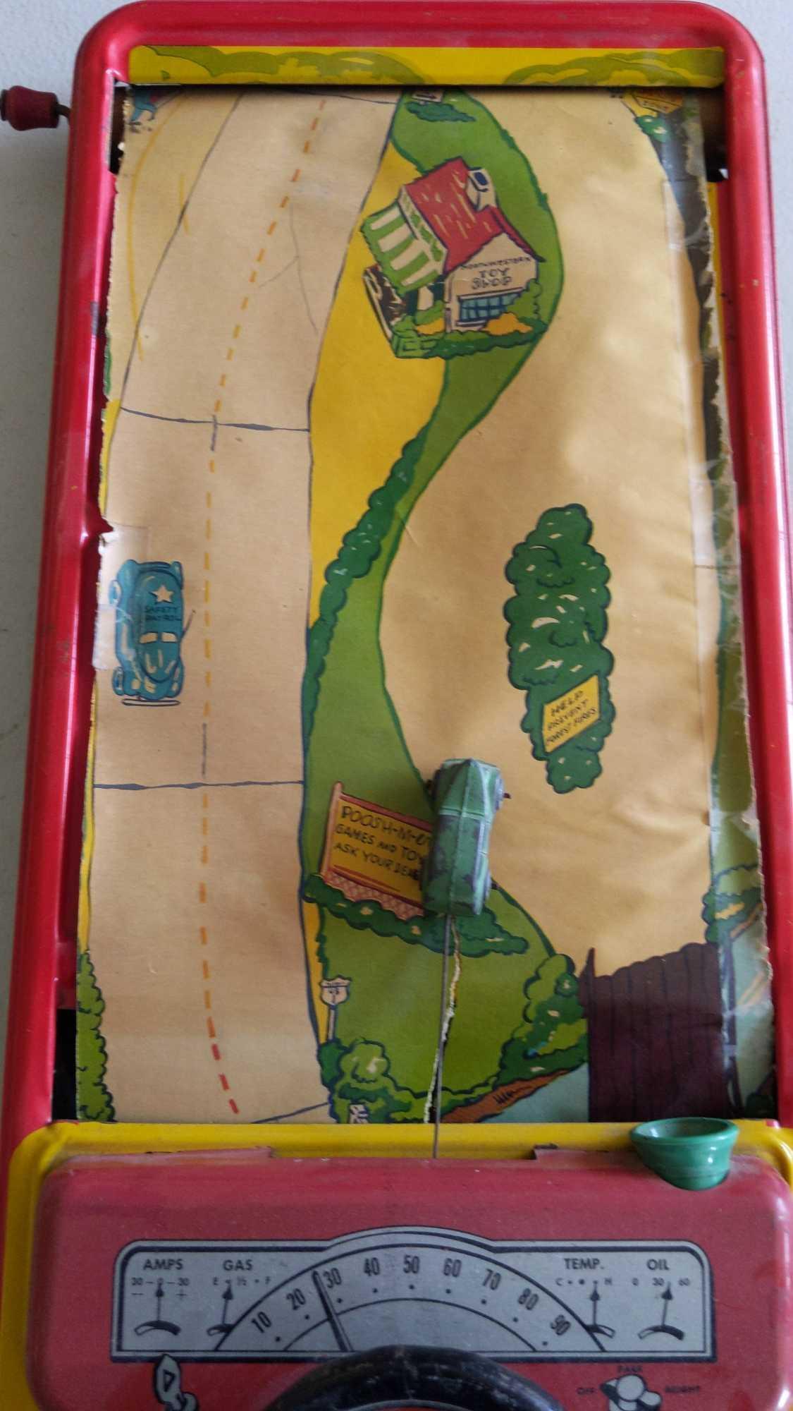 Crank Action Tin Driving Game - Scroll Ripped & Horn Missing