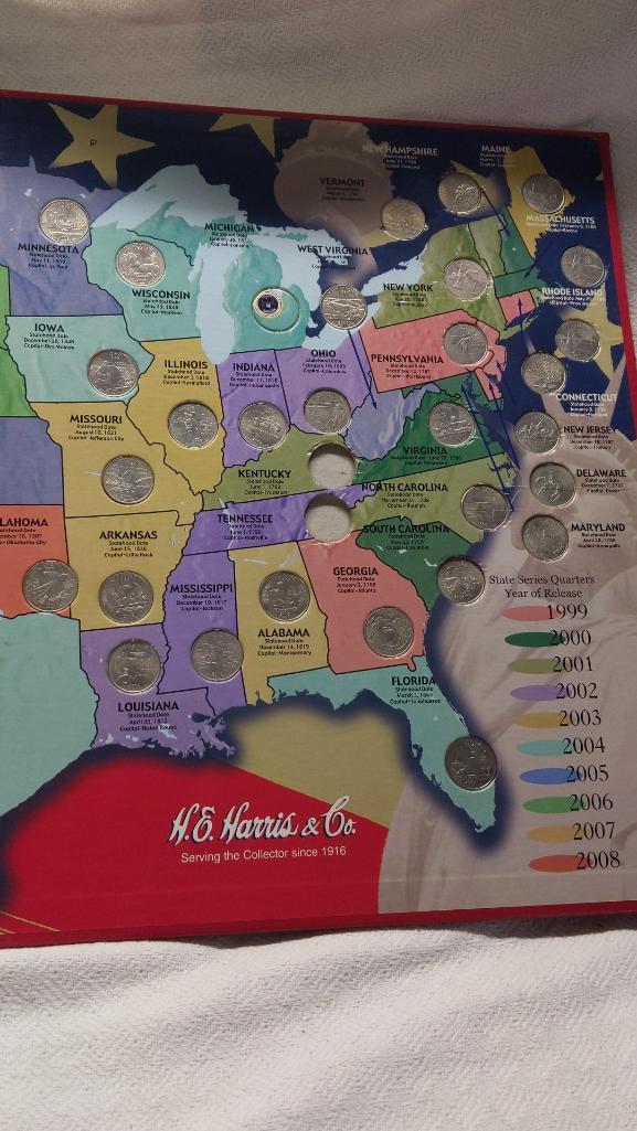 Fifty State Quarters Collector's Map with Quarters (Missing 3, Michigan, Kentucky & Tennessee)