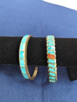 2 BLUE STONE CUFF BRACELETS UNMARKED