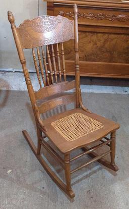 VINTAGE OAK CANE SEAT PRESS BACK ROCK 29" ROCKING CHAIR