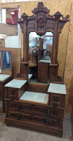 VICTORIAN WALNUT DRESSER WITH MIRROR DIMENSIONS IN PICTURE