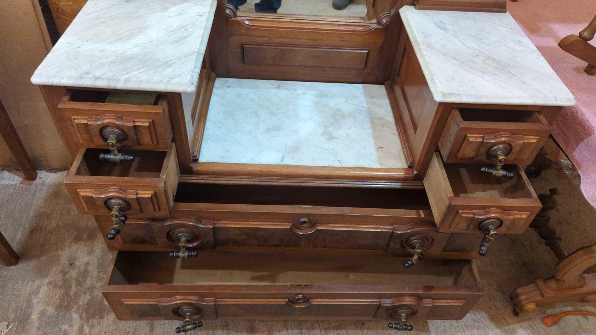 VICTORIAN WALNUT DRESSER WITH MIRROR DIMENSIONS IN PICTURE