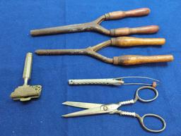 VINTAGE 2 CURLING IRONS , CURLER , GRIFFON SCISSORS, EVER-READY SHAVER