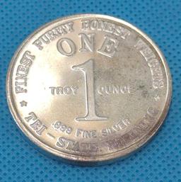 TRI-STATE REFINING ONE TROY OZ. .999 FINE SILVER ROUND