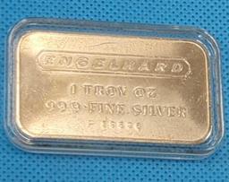 ENGELHARD 1 TROY OZ. FINE SILVER .999 + BAR IN CLEAR CASE