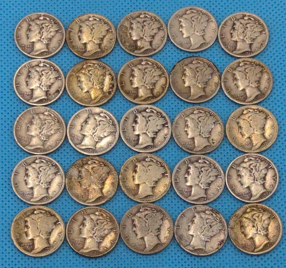 MERCURY DIMES LOT OF 25 - VARIOUS DATES - SILVER