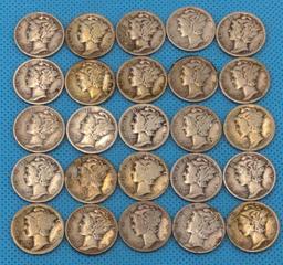 MERCURY DIMES LOT OF 25 - VARIOUS DATES - SILVER