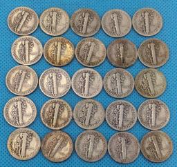 MERCURY DIMES LOT OF 25 - VARIOUS DATES - SILVER