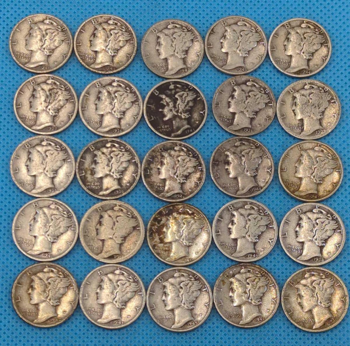 MERCURY DIMES LOT OF 25 - VARIOUS DATES - SILVER