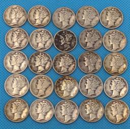 MERCURY DIMES LOT OF 25 - VARIOUS DATES - SILVER