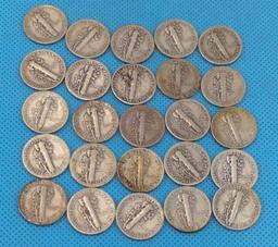 MERCURY DIMES LOT OF 25 - VARIOUS DATES - SILVER