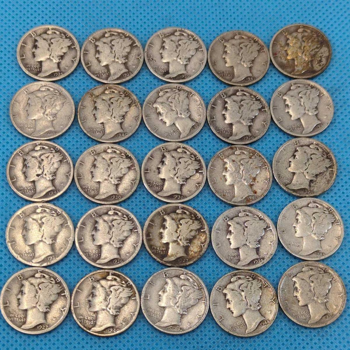 MERCURY DIMES LOT OF 25 - VARIOUS DATES - SILVER