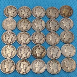MERCURY DIMES LOT OF 25 - VARIOUS DATES - SILVER