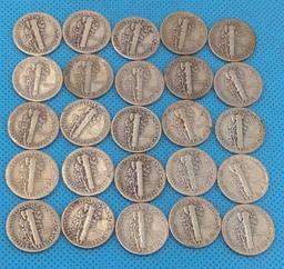 MERCURY DIMES LOT OF 25 - VARIOUS DATES - SILVER