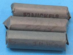 THREE ROLLS OF WELL WORN BUFFALO NICKELS NO DATE VISIBLE 120 TOTAL